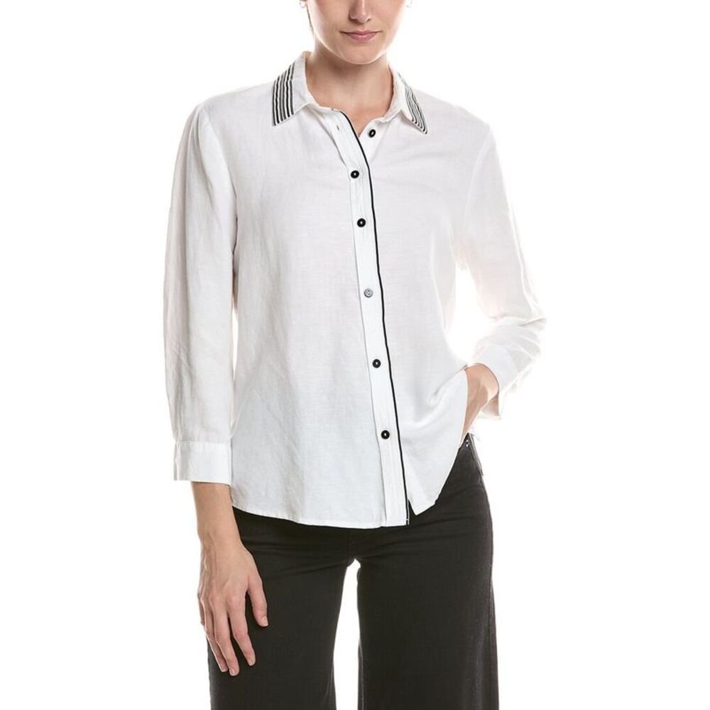 Nic & Zoe Womens Stripe Trim Linen-Blend Shirt, White